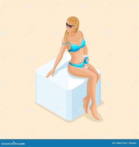 Isometric D Girl In A Bright Swimsuit In Beach Vector Stock Vector