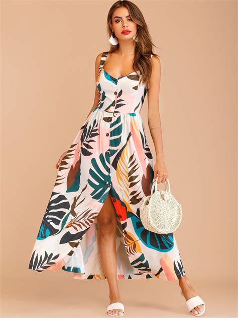 Button Through Tropical Print Maxi Dress Tropical Print Maxi Dress