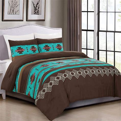 3 Piece Western Southwestern Design Comforter Set Multicolor Teal Coffee Brown Embroidered Queen ...