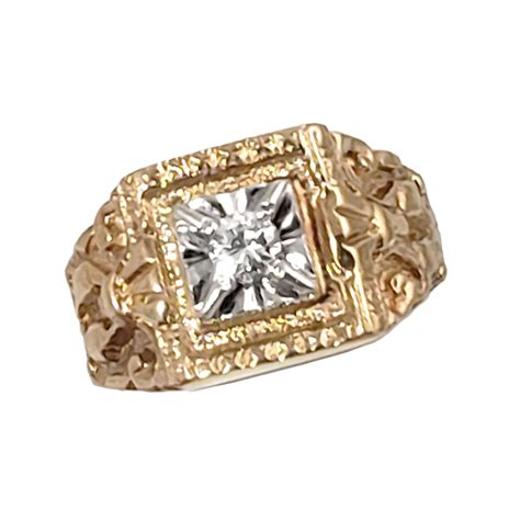 Vintage Mens 14k Gold Ring With 14 Ct Diamond Ornate Design Size