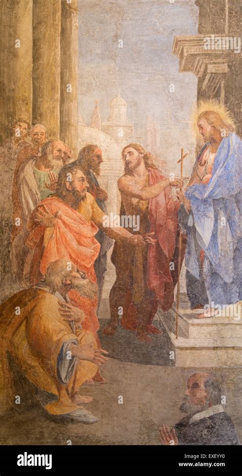 Rome The Fresco As The John The Baptist Shows The Christ By Leonardo