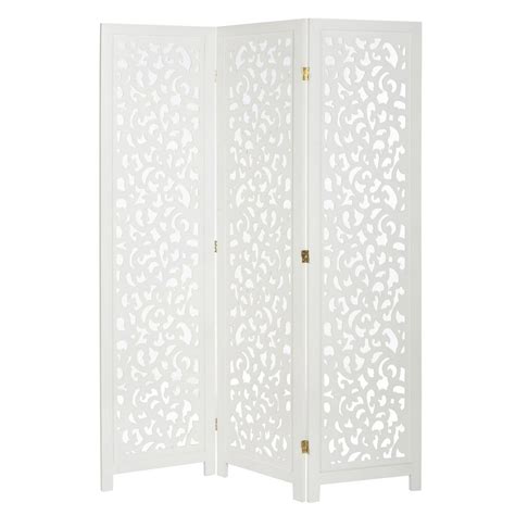 3 Panel Solid Wood Screen Room Divider White Color With Decorative Cutouts By Legacy Decor