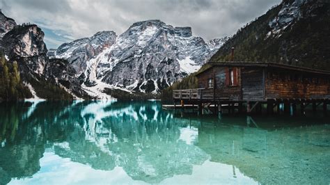 Download Lake Wooden House Reflections Mountain Nature 1366x768