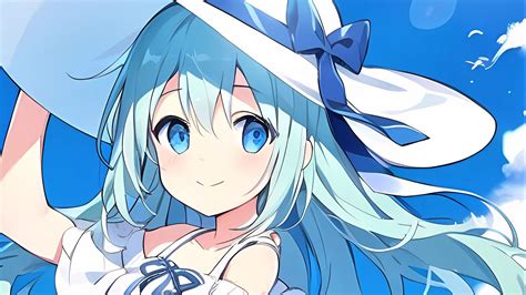 Download Wallpaper 1920x1080 Girl Hat Smile Dress Blue Anime Full