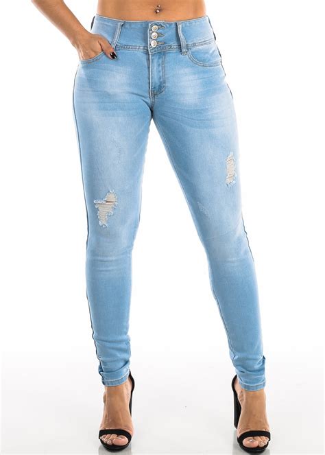 Moda Xpress Womens Skinny Jeans Levanta Cola Butt Lifting Mid Rise Ripped Light Wash Jeans