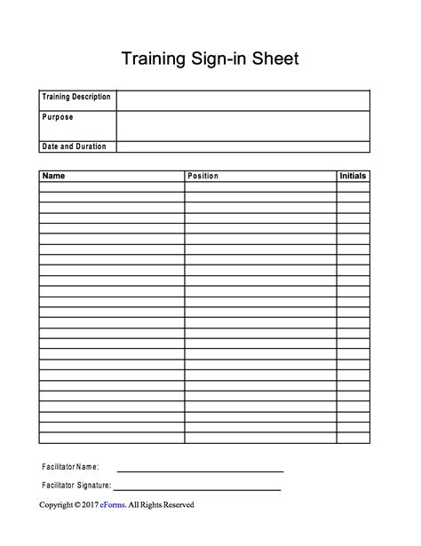 Free Training Sign In Sheet Template Word Pdf Eforms