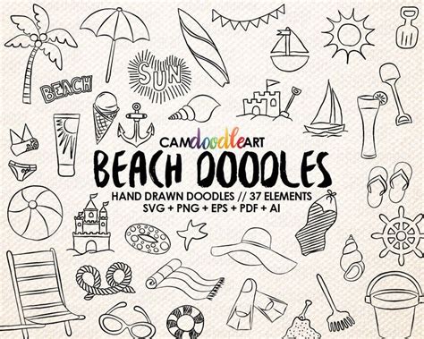 37 Beach Doodles Vector Pack Hand Drawn Doodle Clipart Beach Etsy