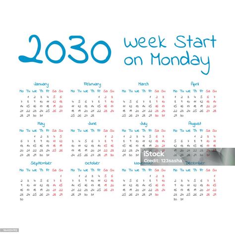 Vetores De Calendário Do Ano De 2030 Simples E Mais Imagens De A Data