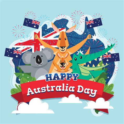 Happy Australia Day With Australian Animal Holding Flags 4552917 Vector