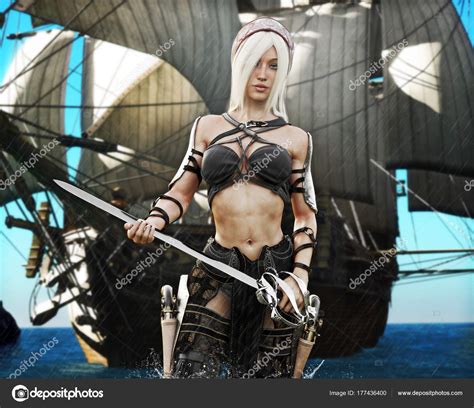 Portrait Blonde Pirate Female Coming Ashore Sword Hand Pirate Ship