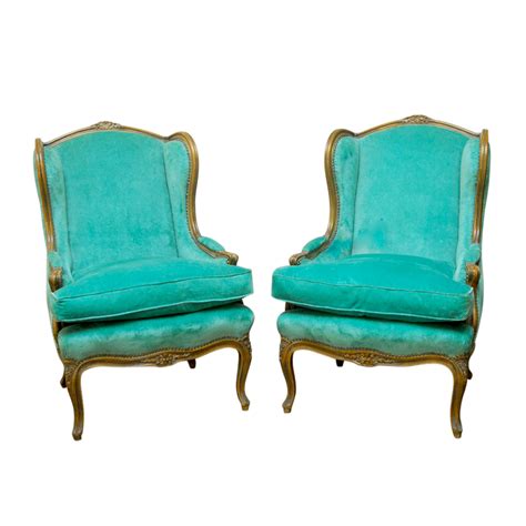Oversized chair and ottoman clearance, description: Louis XV Turquoise Velvet Wingback Chairs | Chairish