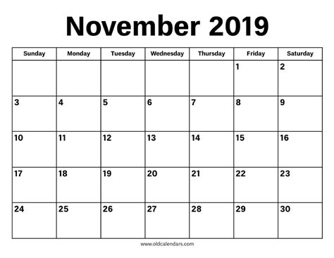 November 2019 Calendar Printable Old Calendars