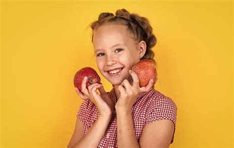 Happy Teen Child With Apples Full Of Vitamin Picked From Autumn Harvest