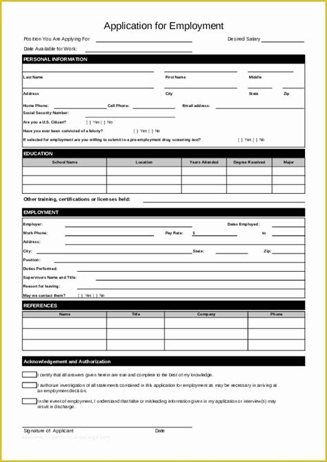 Free Printable Application For Employment Template Of Blank Job
