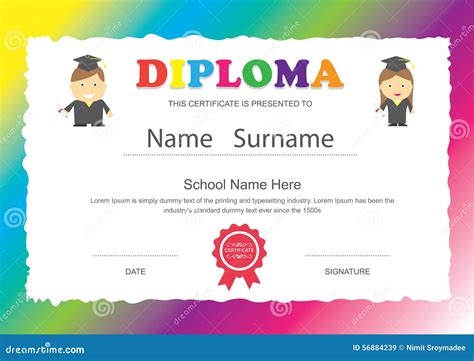 Preschool Kids Elementary School Diploma Certificate Design Stock