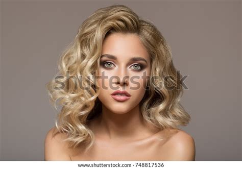 Blonde Woman Curly Beautiful Hair Smiling Stock Photo 748817536