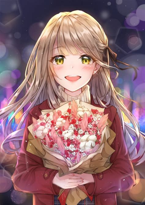 Download 1176x2400 Anime Girl Big Smile Flower Bouquet Blonde