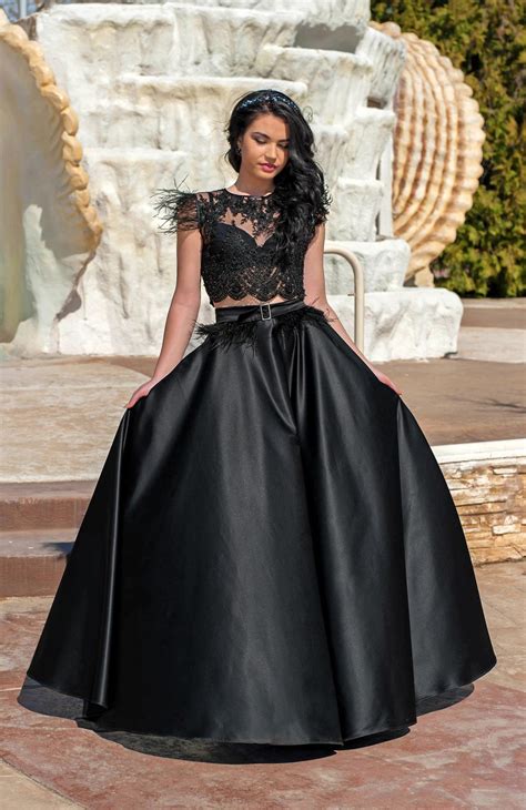 Dress With Feathers And Beads Two Piece Prom Dress Black Prom Dress Lace Top With Beads