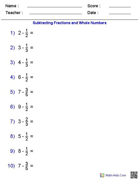 That is, they must have a common procedure: Subtracting Fractions and Whole Numbers Worksheets | Bridges Unit 2 Fractions | Pinterest ...
