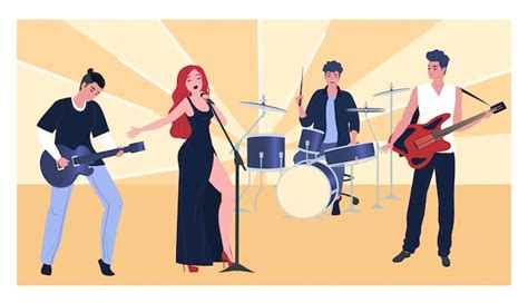 Rock Band Flat Illustration Music Group With Two Vocalists Performing