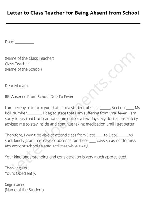 Leave Letter To Class Teacher Letterdocuments