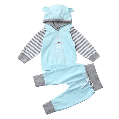 Blue Color Fashion 2pcs Toddler Baby Boy Girl Clothes Set Print Hoodie