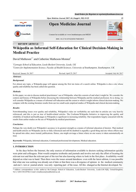 Journal of nursing regulation, 7(3), 19‐21. (PDF) Open Medicine Journal Wikipedia as Informal Self ...