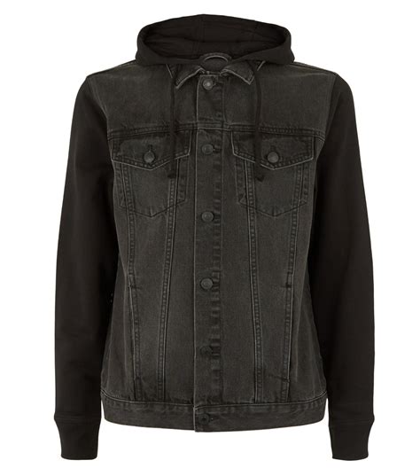 Mens Black Jersey Sleeve Hooded Denim Jacket Aa Sourcing Ltd