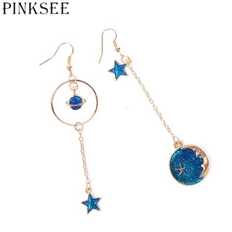 Pinksee Long Irregular Star Moon Pendants Earrings Acrylic Asymmetry