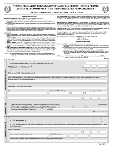 Fillable Form Ap 157 Texas Application For Sole Owner Sales Tax