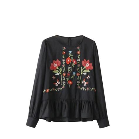Women Floral Embroidered Long Sleeve Shirt Blouse White Black Lady