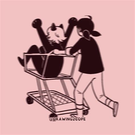 an image of two people pushing a shopping cart with their arms up in the air