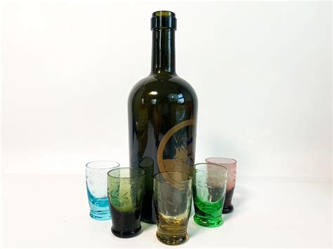 5 Vintage Etched Cordial Multi Colored Glasses 5 Etched Hand Blown