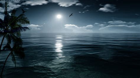 Perfect Island Ocean Moon Nature Moonlight Night Sea Wallpaper Android