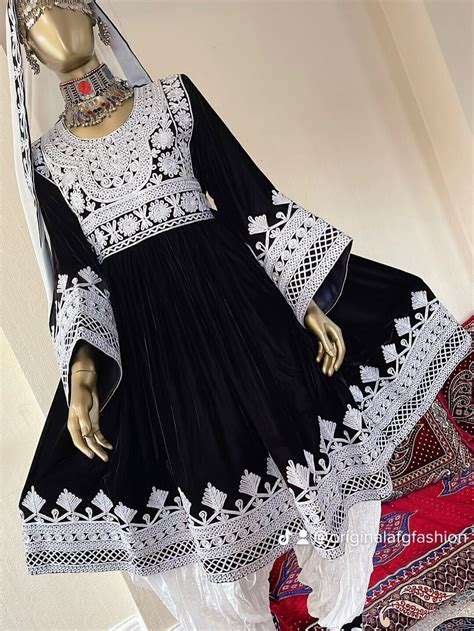 Afghan Kuchi Black White Charma Work Color Dress Tribal Design For Sale