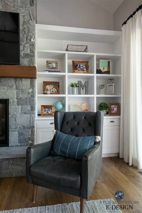 Colors used with gray in this room: K2 stone fireplace with white built in cabinets, gray ...