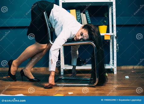 Tired Businesswoman Sleeping On Office Chair Young Exhausted Pretty Girl Resting In Unnatural