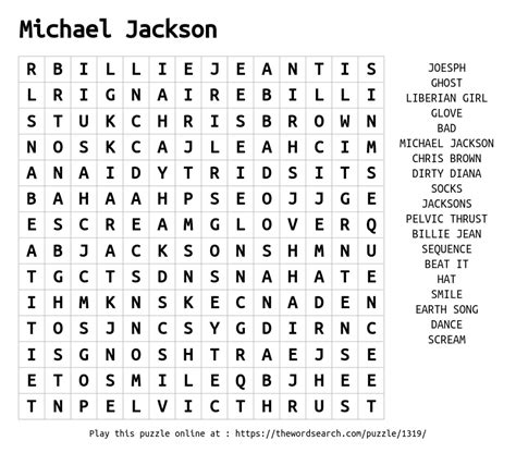 Download Word Search On Michael Jackson