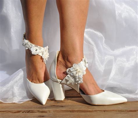 Womens Bridal Block Heels Handmade White Heels Wedding Etsy