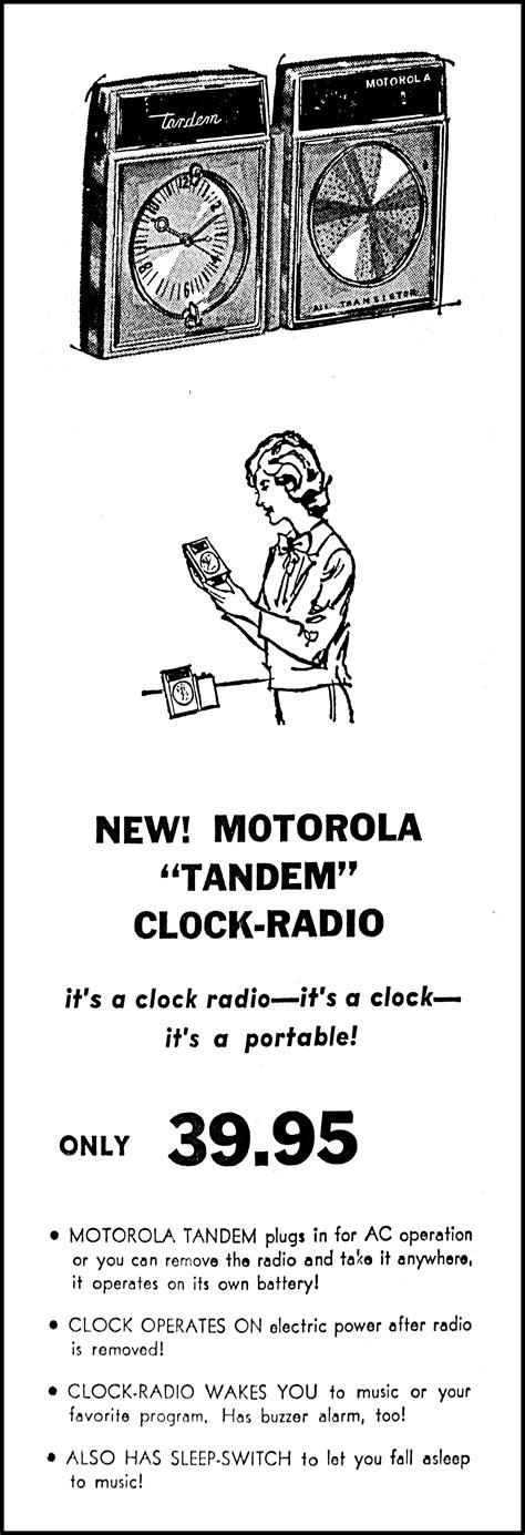vintage advertising for the motorola model cx2 tandem clock radio in a mcalpin s store ad in the