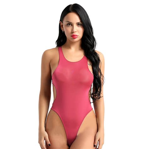 Women Body Suit Sexy Leotard One Piece See Through Sheer Scoop Neck Sleeveless High Cut Backless