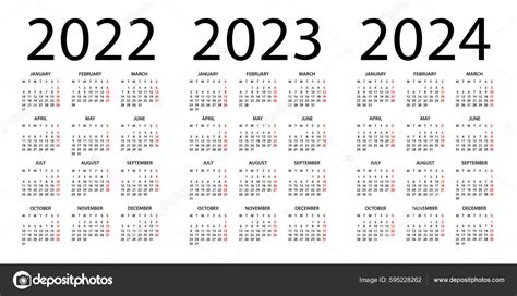 Calendar 2022 2023 2024 Year Vector Illustration Week Starts Monday