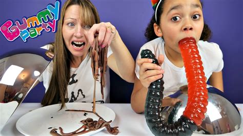 Giant Gummy Worm Candy Challenge Vs Super Gross Real Food Mommy Freaks Out