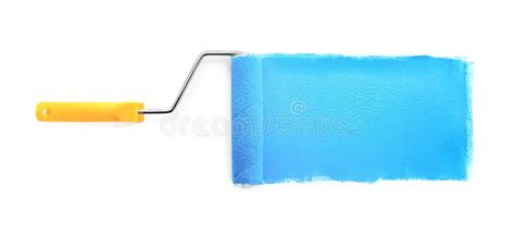 Roller Brush With Light Blue Paint On White Background Stock Photo