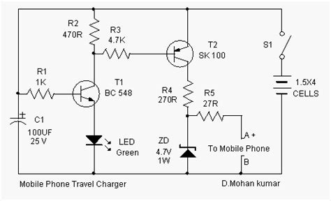 Here is an ideal mobile charger using 1.5 volt pen cells to charge mobile phone while traveling. Mobile Phone Travel Charger Circuit Diagram