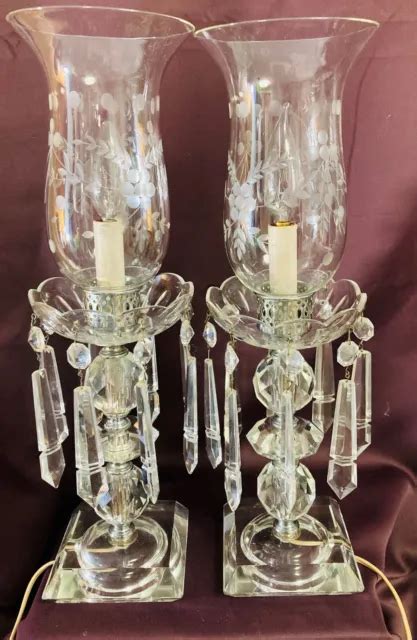 Vintage Hurricane Crystal Boudoir Lamp With Prisms Etched Glass Shade Works Picclick