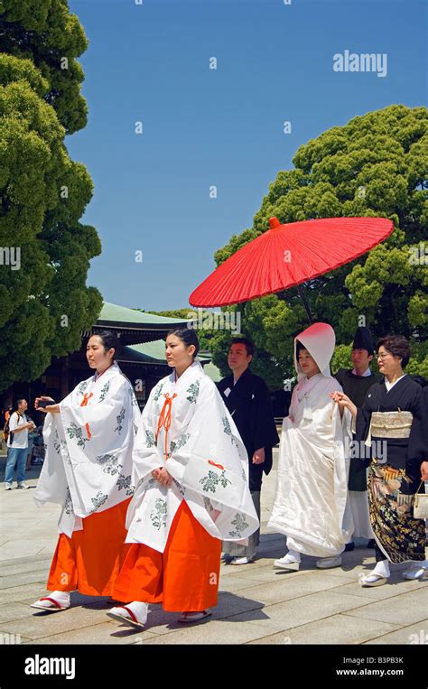 At Traditional Japanese Shinto Wedding Ceremony At Meiji Jingu Shrine