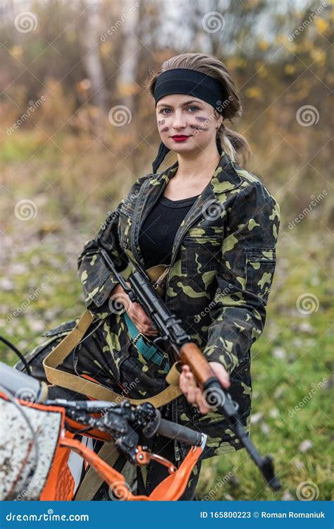 Young Woman In Camouflage Clothes With Gun Stock Image Image Of Machine Expertise 165800223