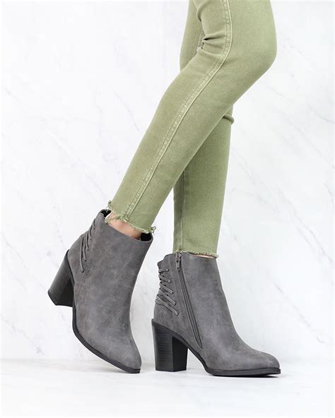 Very Volatile Lacey Lace Up Back Booties In Charcoal Shop Hearts