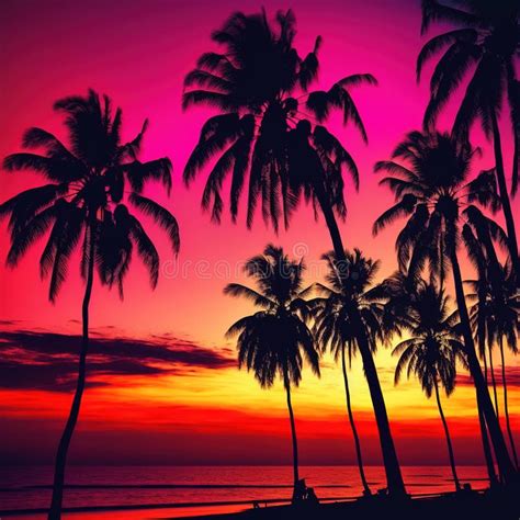 Beautiful Colorful Sunset On Tropical Ocean Beach With Coconut Palm
